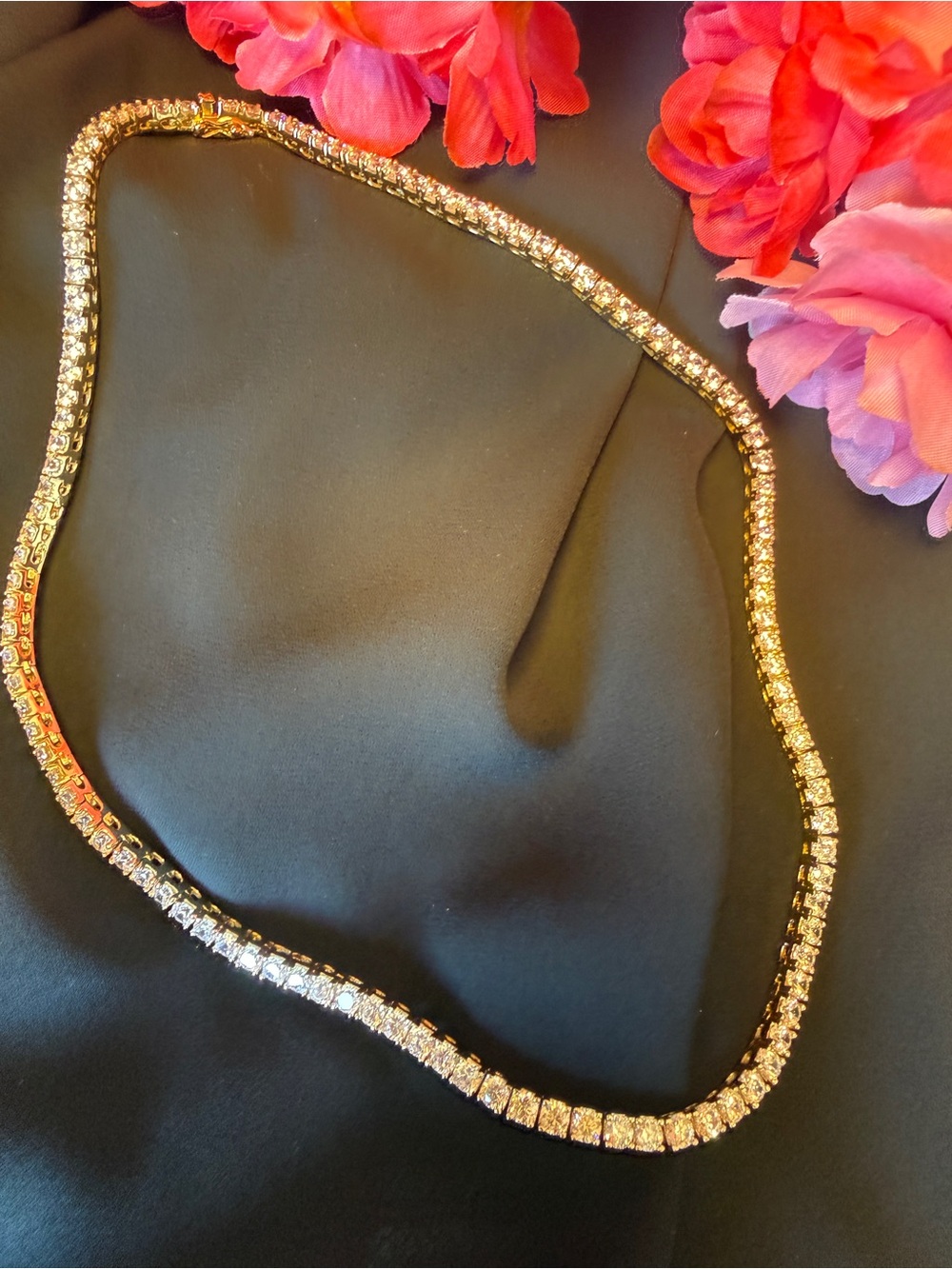 Classic Gold Tennis Necklace with Clear Crystals - Picture 8 of 11